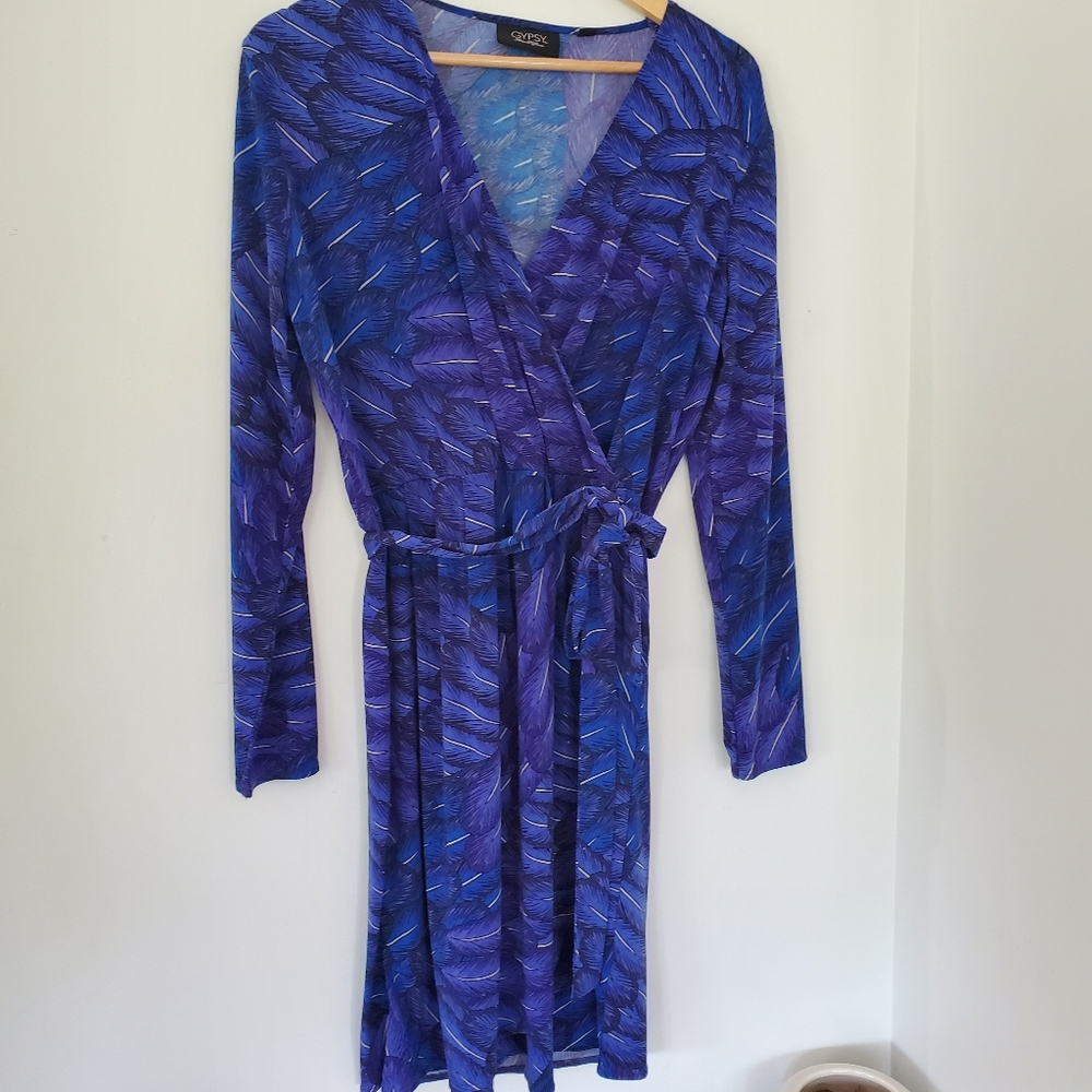 MARA HOFFMAN GYPSY M Blue Feather Print Faux Wrap 39" Dress LS Party Office EUC - Picture 12 of 13